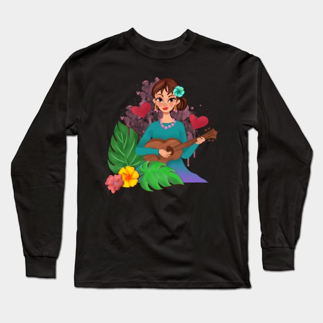 Girl playing a ukulele Long Sleeve T-Shirt by PrintAmor